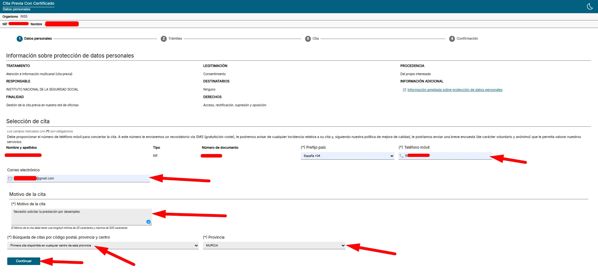 Rellenar datos cita SEG SOCIAL con certificado