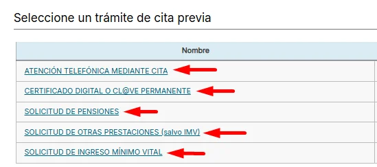 Selecciona un tramite para cita en la seguridad social